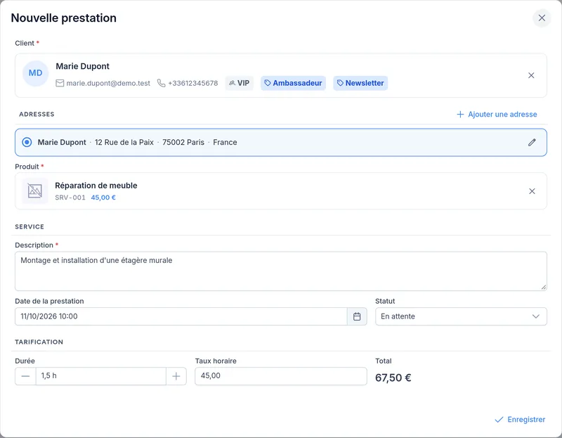 Création d'une prestation : client, adresse, produit, description et tarification