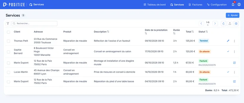Liste des services : en attente, terminés et facturés