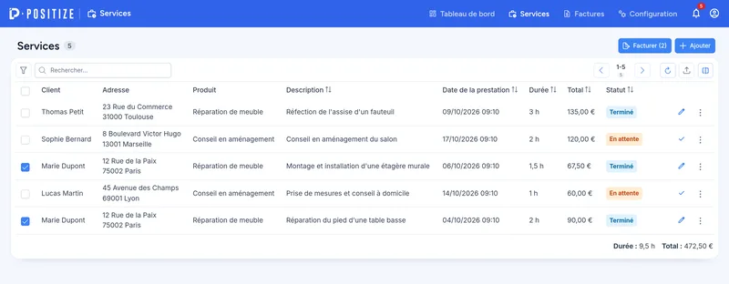 Deux prestations terminées du même client, sélectionnées pour la facturation