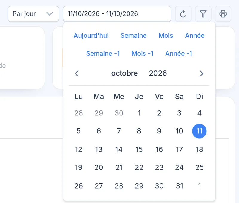 En-tête de période : regroupement, dates et raccourcis