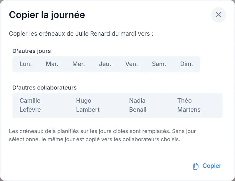 Copier la journée d'un collaborateur vers d'autres jours ou d'autres collaborateurs