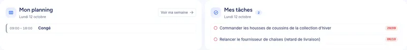 Les widgets Mon planning et Mes tâches de la page d'accueil