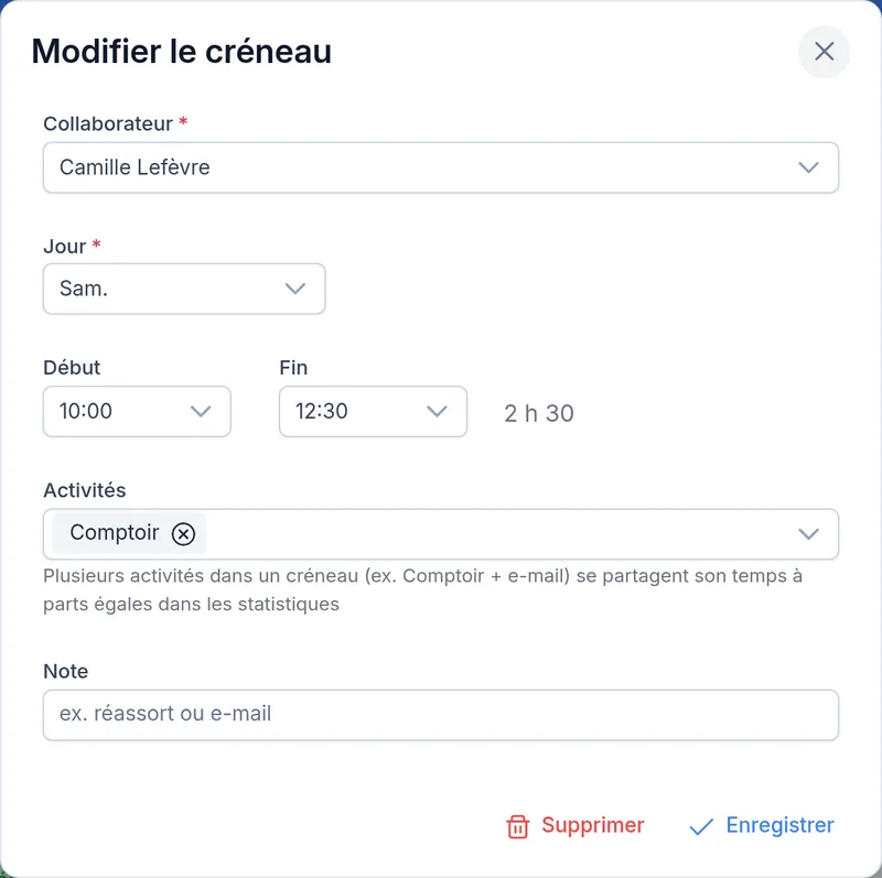 Modifier un créneau : collaborateur, jour, heures et activités