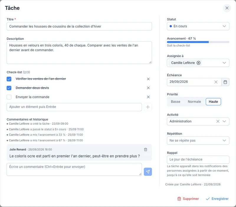 Une tâche avec sa check-list, ses commentaires et son historique