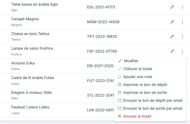 Menu d'actions d'un ticket prêt à retirer