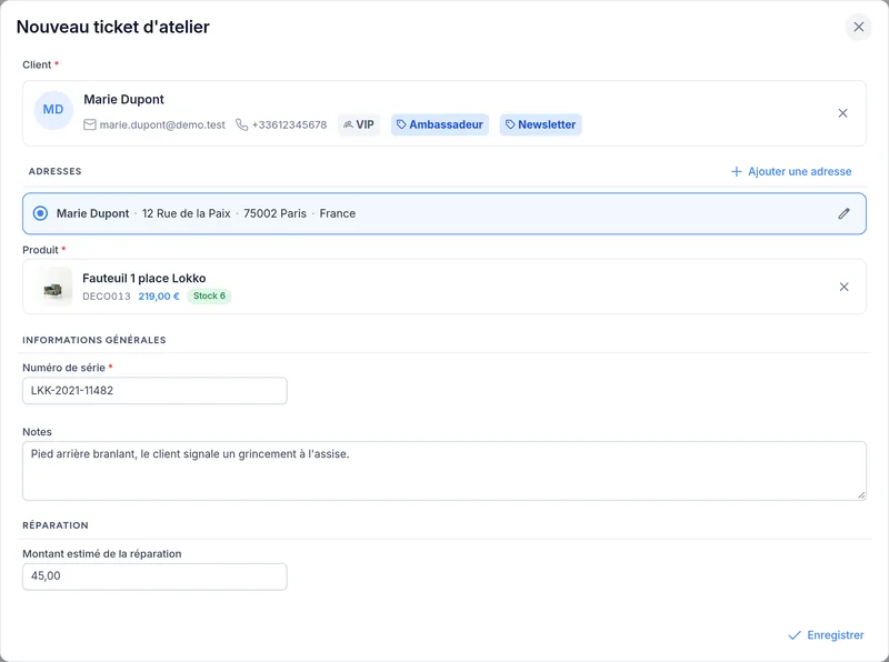 Nouveau ticket d'atelier : client, produit, numéro de série et montant estimé